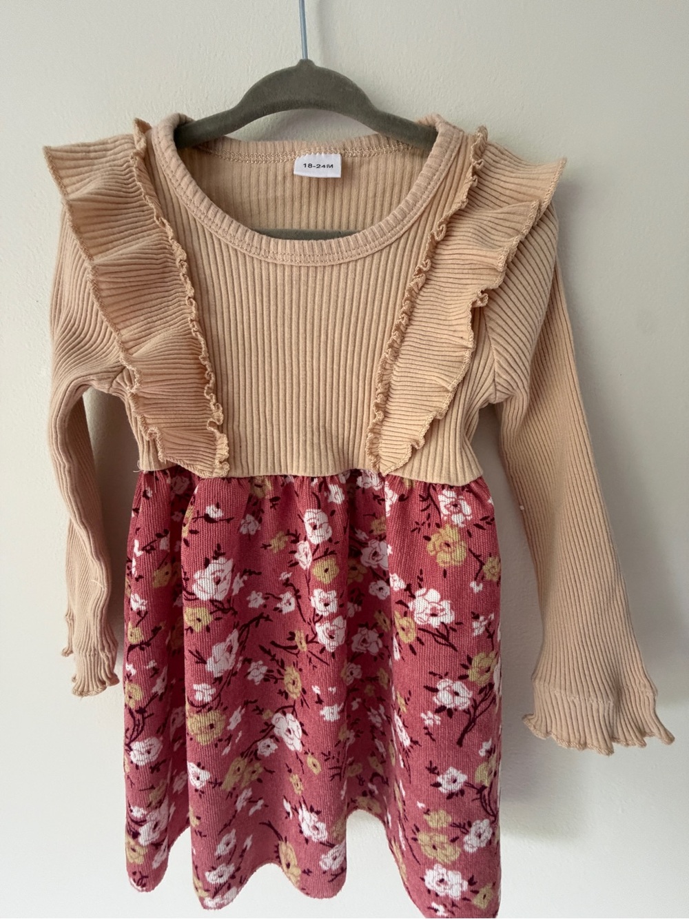 Ribbed Ruffle Top Floral Knit Dress - Beige and Dusty Rose